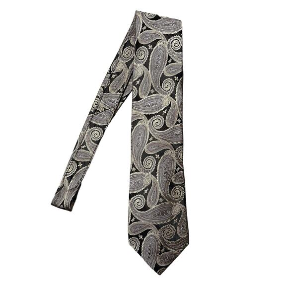 NEW Pronto Uomo 100% Silk Tie Necktie Paisley Pattern Black Silver Career - Picture 1 of 7